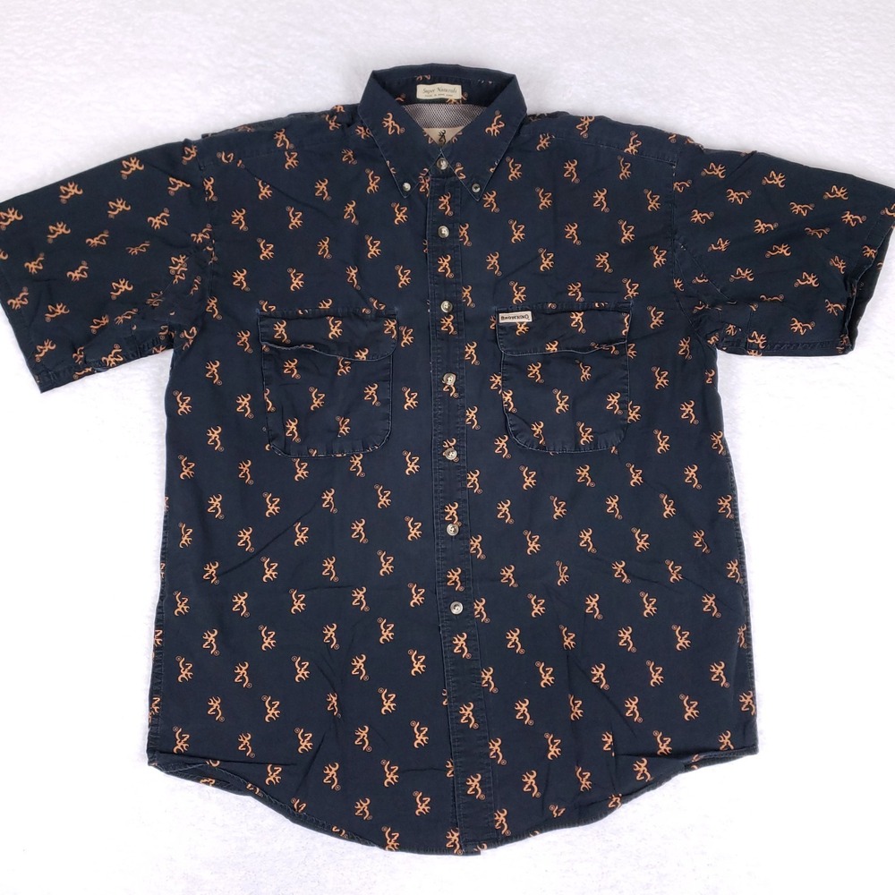 Vintage Browning Shirt Super Naturals Navy Logo Print Short Sleeve L Hong Kong